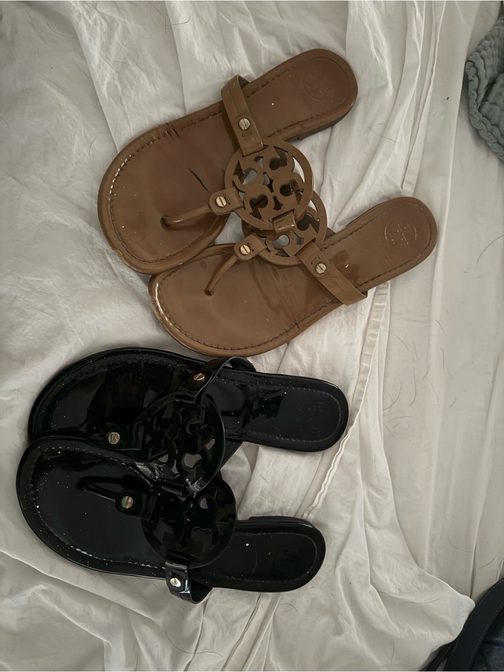 Tory Burch Miller Thong Sandals in Brown Leather & Black Patent